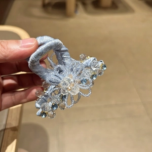 Elegant blue satin hair claw clip with crystal flower beads for back of head styling