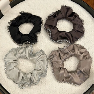 Elegant satin hair scrunchies set with crystal beads in black, coffee, gray and champagne