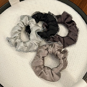 Chic satin scrunchies set with crystal beads in grey, black, brown and taupe colors