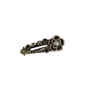 Vintage camellia hair clip with pearls, gold bee and Loveme lettering for women