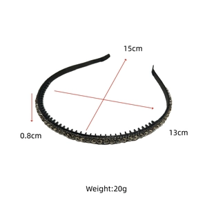 Detail view of black headband with grey rhinestones showing 15x13cm size specifications