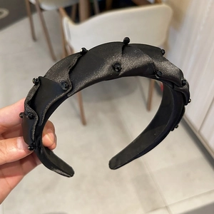 Handmade Black Satin Beaded Ruched Headband Vintage Elegant Padded Wide Hairband For Women Daily Party Hair Accessories