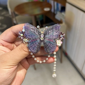 Nahaufnahme einer lila bestickten Schmetterlings-Haarspange mit Perlenquasten und Strass