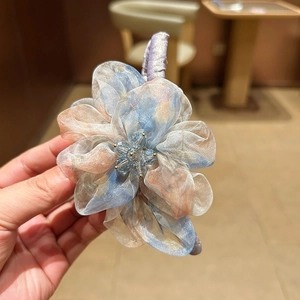 Pince à Cheveux Fleur en Organza Élégante Avec Strass Grande Pince Requin Florale Fait Main Accessoires Cheveux Femme
