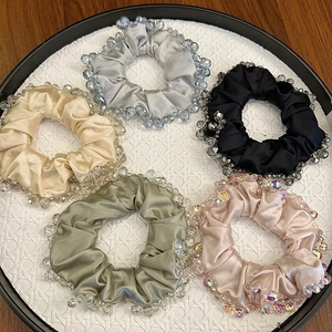 Elegant Satin Hair Scrunchies With Crystal Beads Rhinestone Fashion Large Hair Ties For Women Sweet Korean Style Hair Accessory