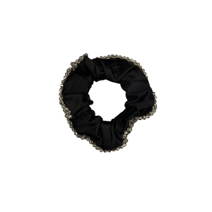 Elegant black satin scrunchie with sparkling crystal chain edge and luxurious silky texture