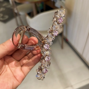 Large coffee-colored crystal hair claw clip with pink rhinestones for thick hair