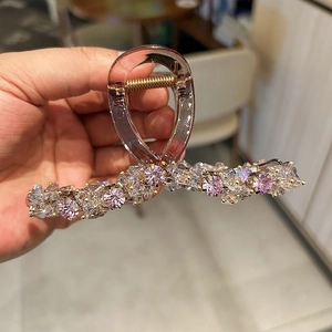 Elegant large resin hair claw clip with pink and white crystal rhinestones for women
