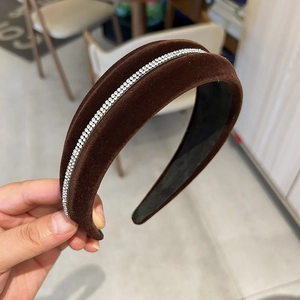 Vintage brown velvet padded headband with sparkling rhinestone inlay for women
