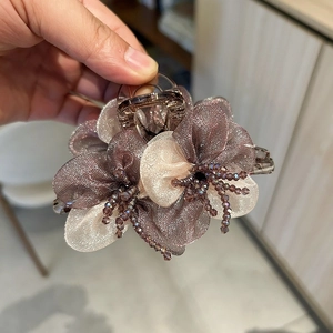 Elegant Organza Flower Hair Claw Clip With Artificial Pearls Beads Korean Style Large Hair Accessory For Women Banquet Daily