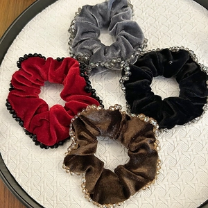 Chouchou Élégant en Velours avec Strass et Perles Style Français Élastique Cheveux Large pour Femmes Accessoires Cheveux