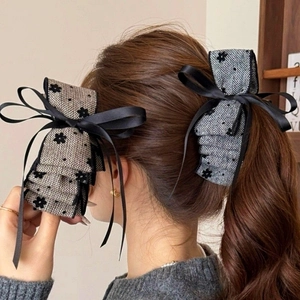 Korean Style Multi Layer Bow Ribbon Banana Clip Floral Fabric Horse Tail Vertical Hair Clip For Women Elegant Hair Accessories
