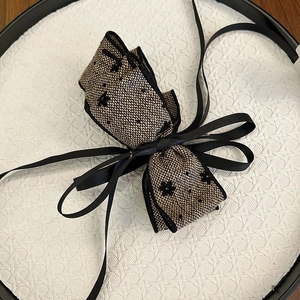 Elegant multi-layered tweed bow hair clip with embroidery and black ribbons for women
