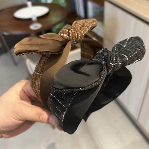 Korean Style Tweed Bow Padded Headband For Women Elegant Wide Brim Hair Band High Top Handmade Fabric Hair Accessories