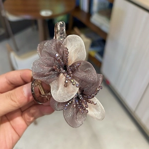 Elegant organza flower hair claw clip with crystal beads for bun hairstyles