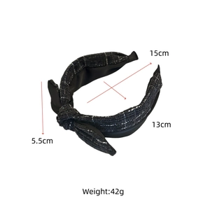 Detail of black tweed headband with silver metallic threads and side bow dimensions