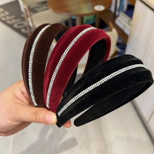 Three-piece velvet headband set in burgundy, black and brown with rhinestone accents