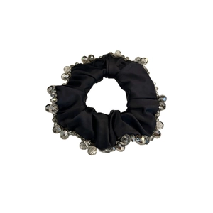 Elegant black satin scrunchie with sparkling crystal beads, premium hair tie for women