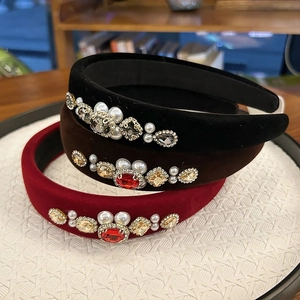 Women Retro Velvet Padded Headband Artificial Pearl Rhinestone Crystal Elegant High Top Skull Hair Band Hair Hoop Party Jewelry