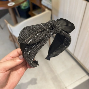 Classic black and grey tweed knotted headband for women with elegant woven texture