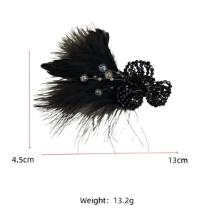 Detailed dimensions of elegant black feather hair clip with crystal flowers and beads