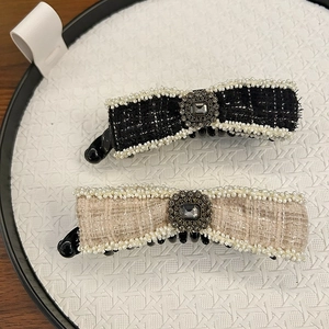 Elegant Tweed Bow Banana Hair Clip With Artificial Pearl Trim Rhinestone Center Vintage Vertical Ponytail Clip For Women