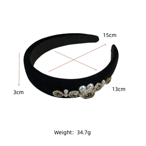Close-up of black velvet headband with pearls and crystals showing 3cm width and dimensions