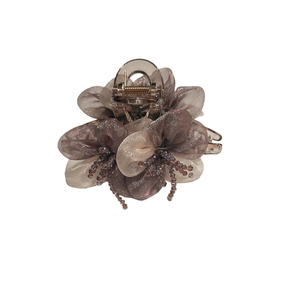 Elegant organza flower hair claw clip with crystal bead stamen in earthy tones