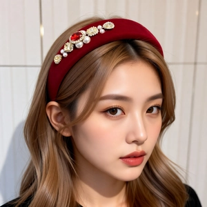 French vintage dark red velvet headband with pearls and rhinestones on female model