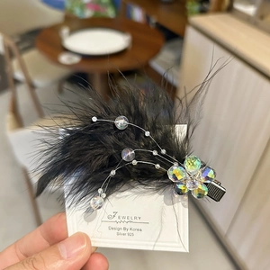 Handheld elegant black feather hair clip with crystal flower and colorful beads decoration