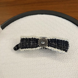 Elegant tweed bow banana hair clip with pearls and rhinestone in black and white