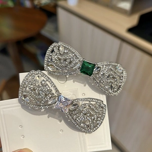 Barrette à Cheveux Nœud Papillon en Alliage de Luxe avec Strass Style Français Vintage Zirconia Émeraude Blanc Femme