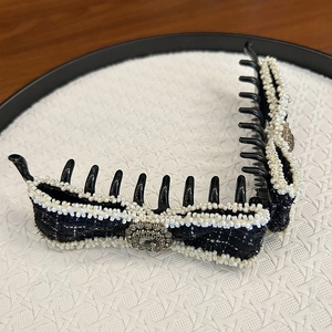 Elegant tweed banana clip with white beads and a central crystal for stylish hair styling
