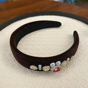 Vintage velvet padded headband with red crystal gemstone and pearl embellishments