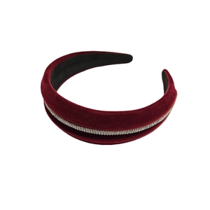 Vintage burgundy velvet headband with rhinestone trim and high top wide sponge design