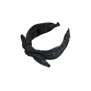 Elegant black and white tweed knot headband with bow for women Korean fashion hair accessory