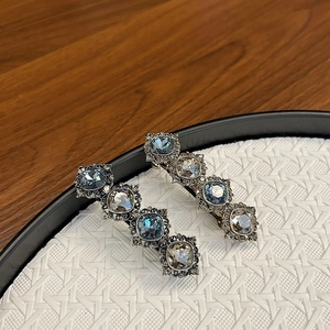 Vintage silver hair clips set with blue and grey square crystals for women