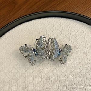 Exquisite butterfly spring hair clip with crystal beads and rhinestones in silver finish