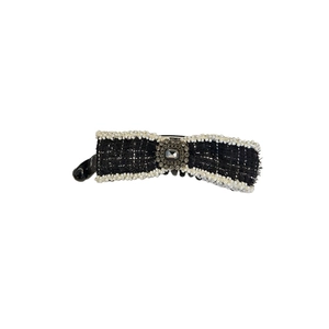 Elegant black and white tweed banana hair clip with pearl trim and crystal ornament