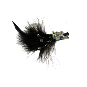 Retro black feather hair clip with crystal flower and shimmering dewdrop beads