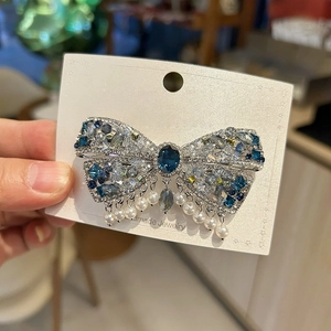 Barrette à Cheveux Nœud en Alliage de Cristal de Luxe Avec Gland de Künstliche Perle Vintage Bleu Strass Pince à Cheveux pour Femmes Mariage Fête Bijoux