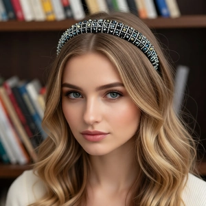 Black wide headband with colorful crystals worn by a model in a quiet library setting