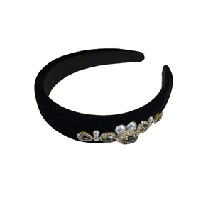 French vintage black velvet headband with pearls and square grey gemstones for women