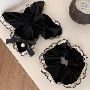 Elegant black velvet hair set with white lace trim, pearl bow clip and scrunchie
