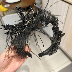 Elegant Black Feather Beaded Headband With Lace Sequins Vintage Gothic Banquet Party Hair Band For Women Hair Accessories