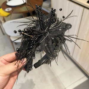 Elegant black feather headband with sequins and pearl beads for formal party hair accessories