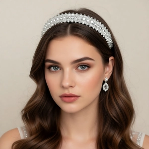Close-up of a luxury crystal headband and matching teardrop earrings on a model
