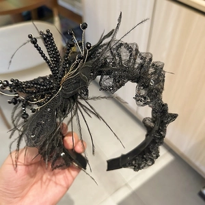 Elegant black lace feather headband with pearl beads and sequins in gothic style