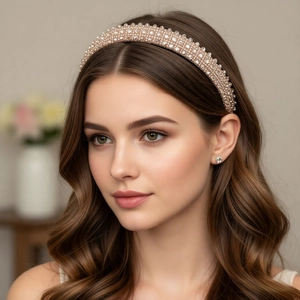 Detailed view of luxury champagne gold headband with shimmering crystals on model