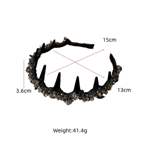 Close-up of black gothic crystal headband with five spikes and precise 3.6cm height detail